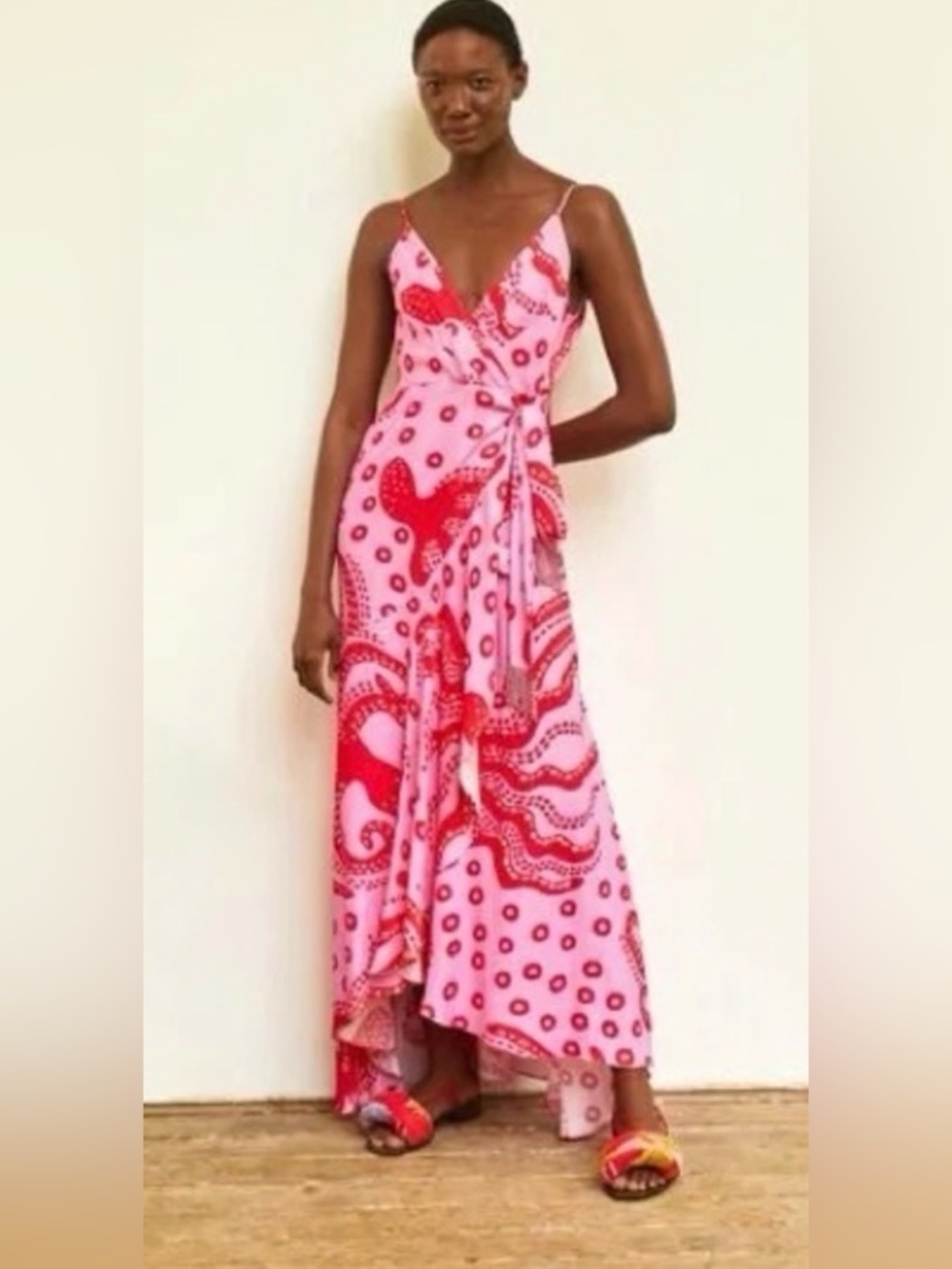 NWT FARM Rio, Pink Red Printed Wrap Maxi Octocool Dress, Size XL